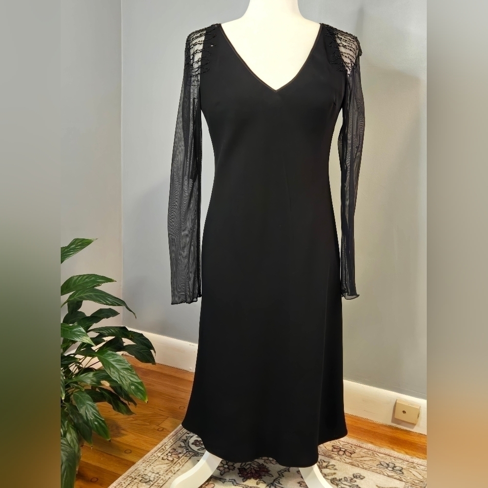 Vintage Evan Picone Black Sheer Sleeve with Beading Knee Length Dress Size 4